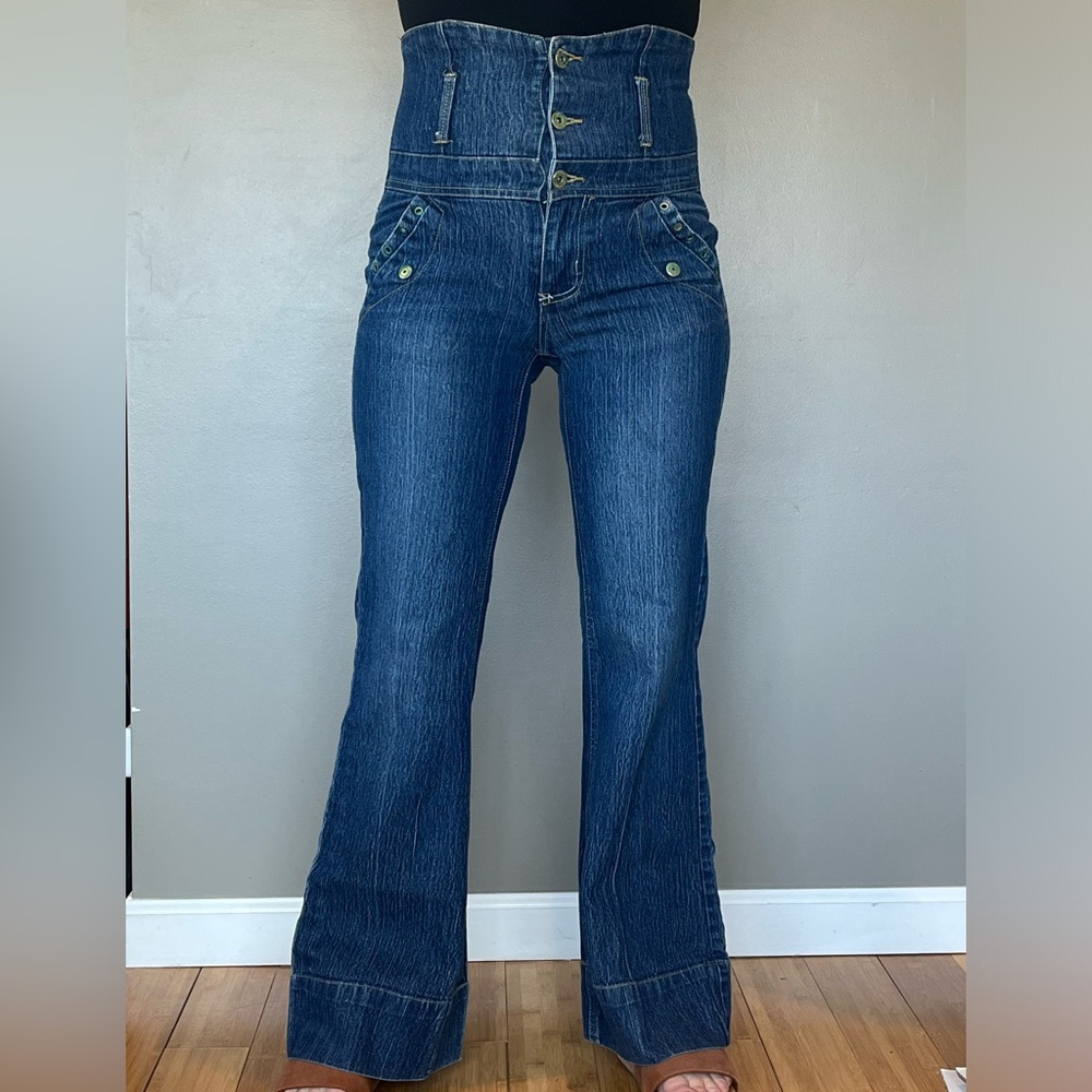 Unique extra high waisted mock jumpsuit style jean